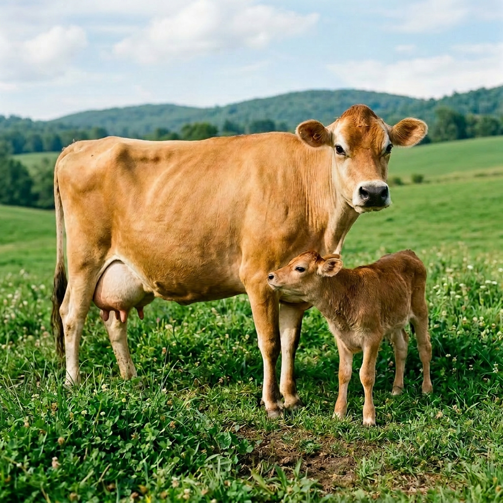 Jersey cow with a calf standing together on a grassy farm field.